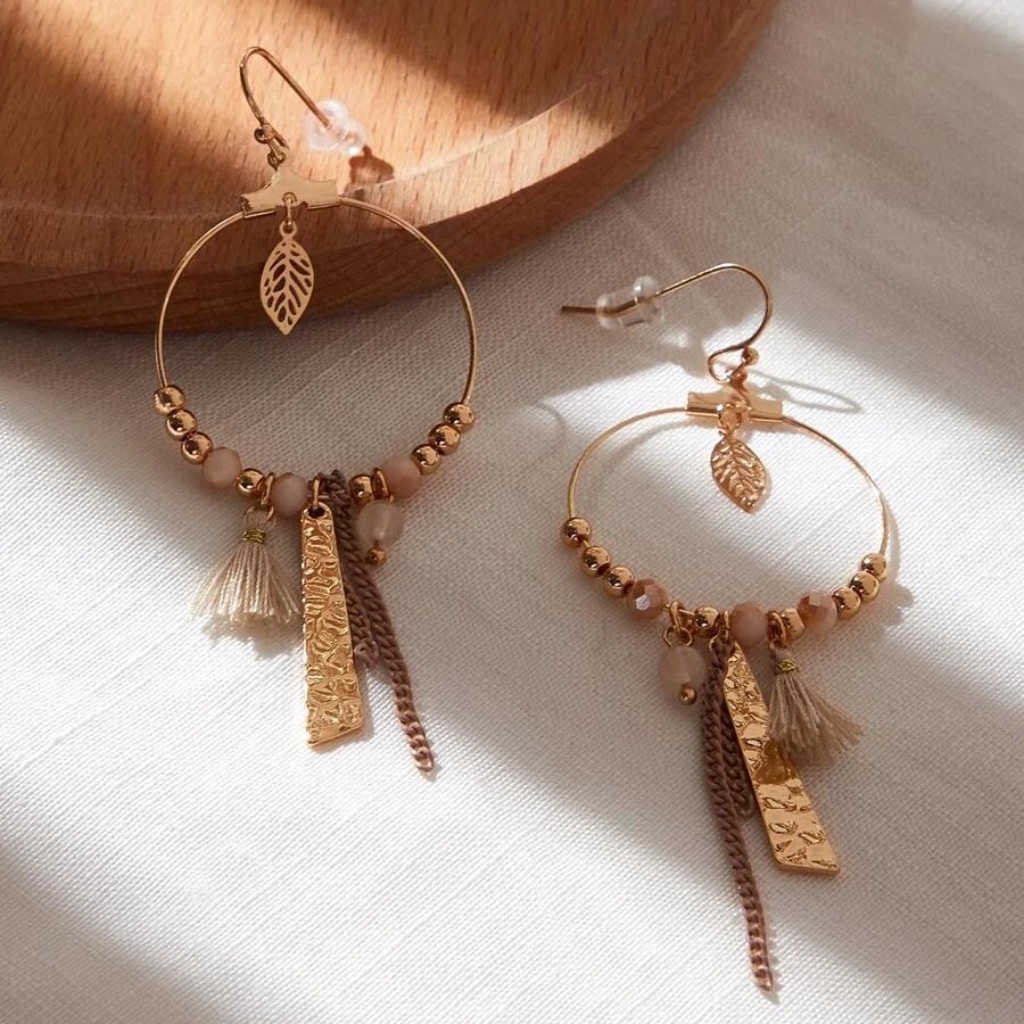 Gold Tone Tassel Bead Chain Earrings